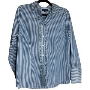 Lands End Shirt Top Womens 14P Blue Striped Ruffle Button Up Nautical Preppy